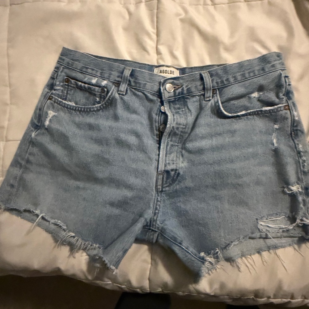 Agolde Light Blue Distressed High-Rise Denim Shorts